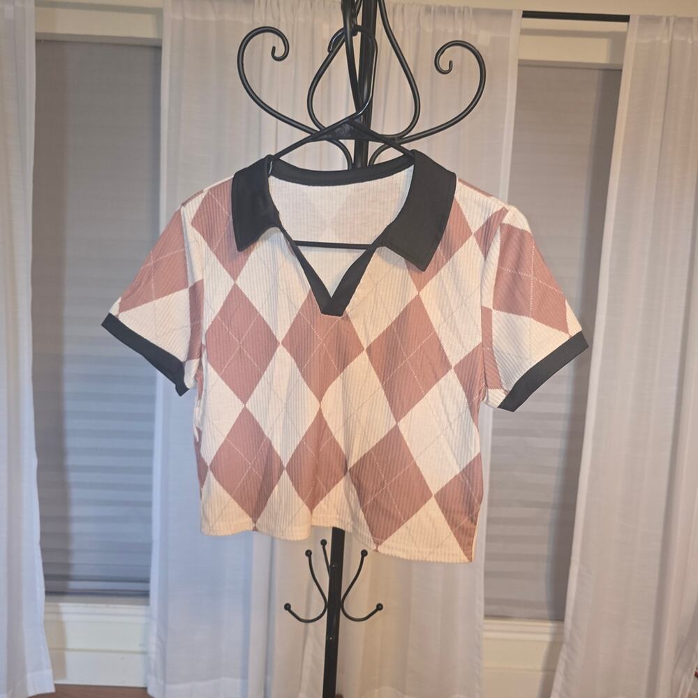 ROMWE Pink and Black Argyle Women's Jersey Top